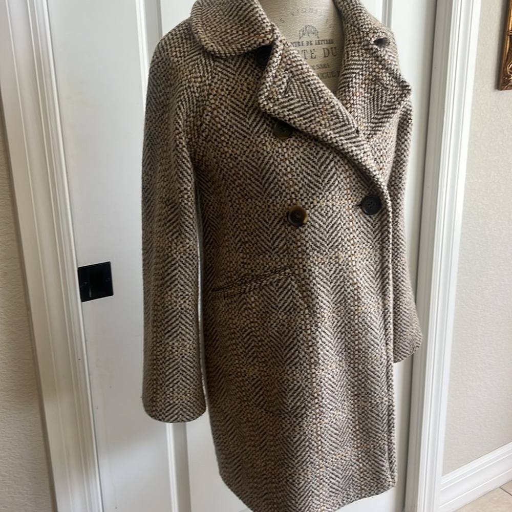 EUC J.Crew tan and brown tweed oversized button-down preppy old money pea coat - Picture 3 of 10